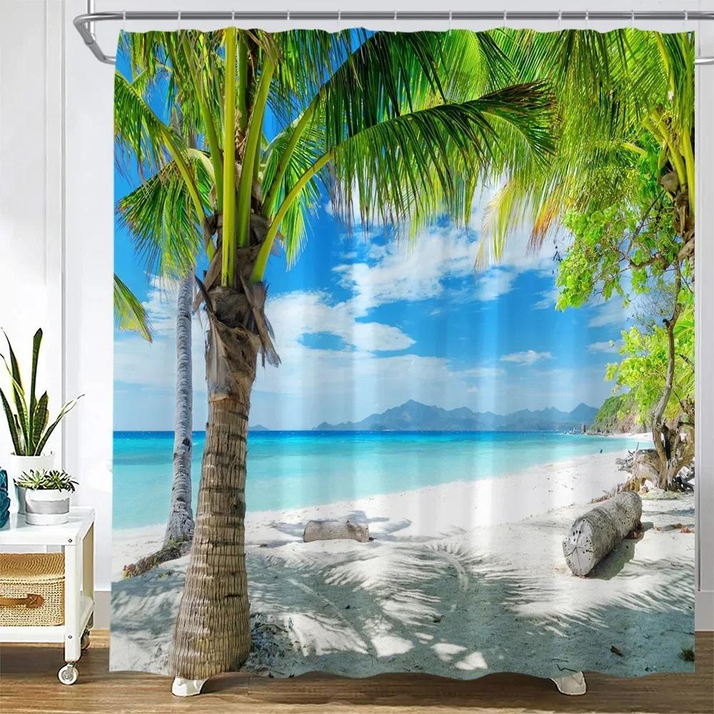 Dusk Sunset Beach Shower Curtains Tropical Ocean Palm Tree Forest Waterfall Nature Scenery Cloth Home Decor Bathroom Curtain Set