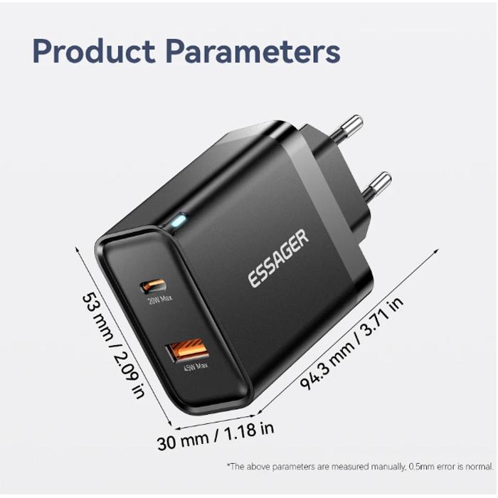 Încărcător GaN Essager 65W Încărcare rapidă QC4.0 PD3.0 Încărcător USB tip C Încărcător rapid portabil pentru laptop iPhone 15 14 13Pro MacBook