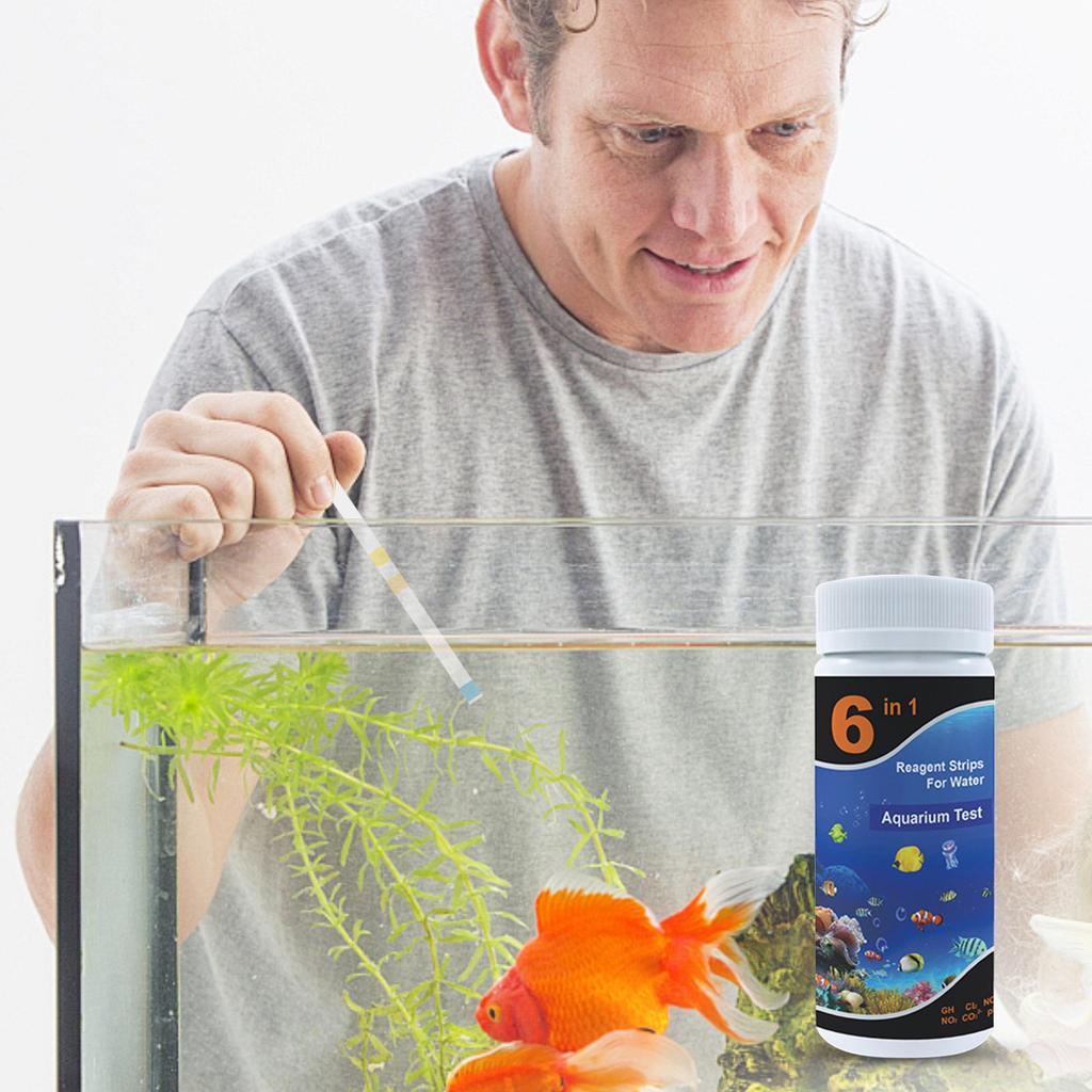 Tiras de prueba para acuario 6 en 1, kit de prueba para acuarios, tiras de prueba para medir pH, nitrito, nitrato, dureza general y carbonatos.