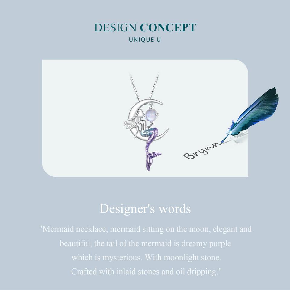 BAMOER 925 Sterling Silver Mermaid Pendant Necklace Moon Neck Chain for Women Delicate Birtrhday Gift Fine Jewelry
