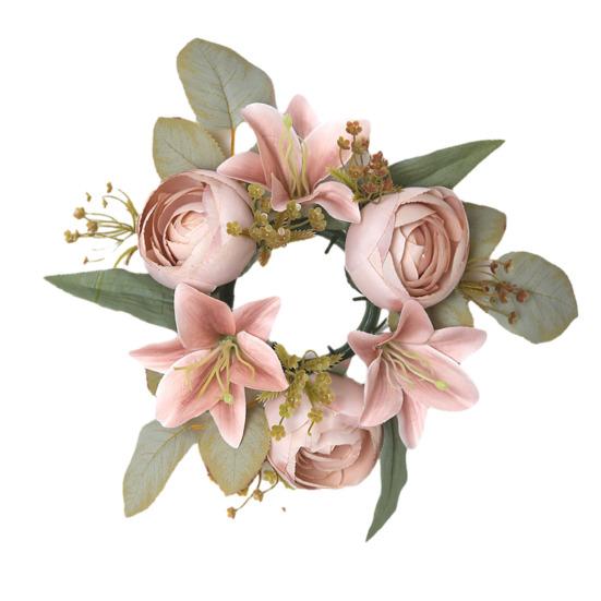 Mini Artificial Wreath Candle Ring Realistic Faux Lily Rose Garland with Plastic Base Candle Wine Decoration Weddings Party Dining Table Centerpiece