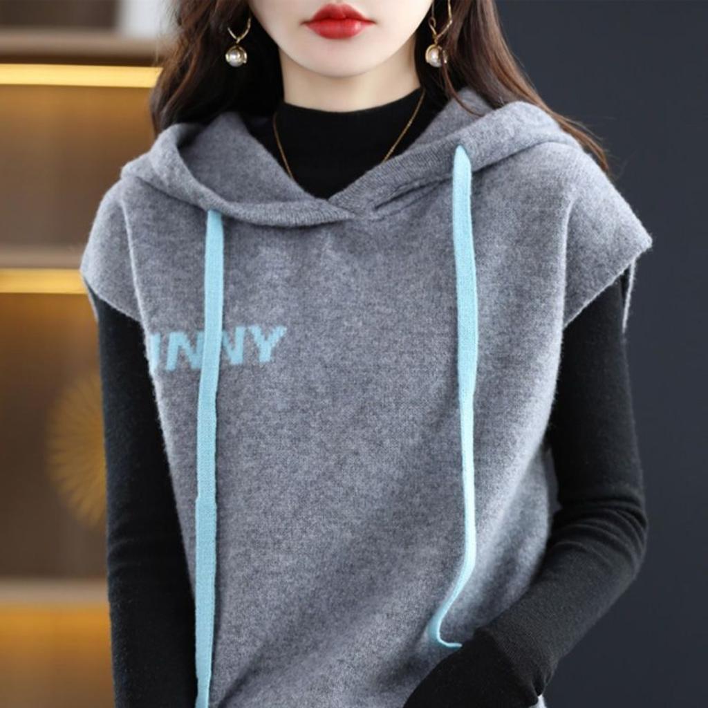 Ermeløs hettegenser, Dame Høst og Vinter Løstsittende Hettegenser Strikket Basegenser