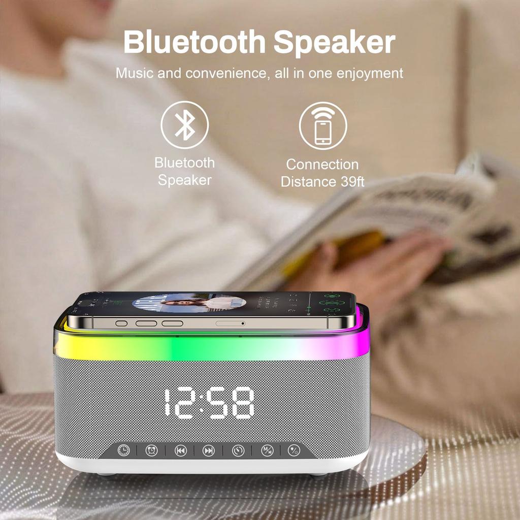 Custom Modern Desk Led Colorful Light Digital Alarm Clock Radio bluetooth Music Speaker Alarm Clock with Wireless Phone Charging