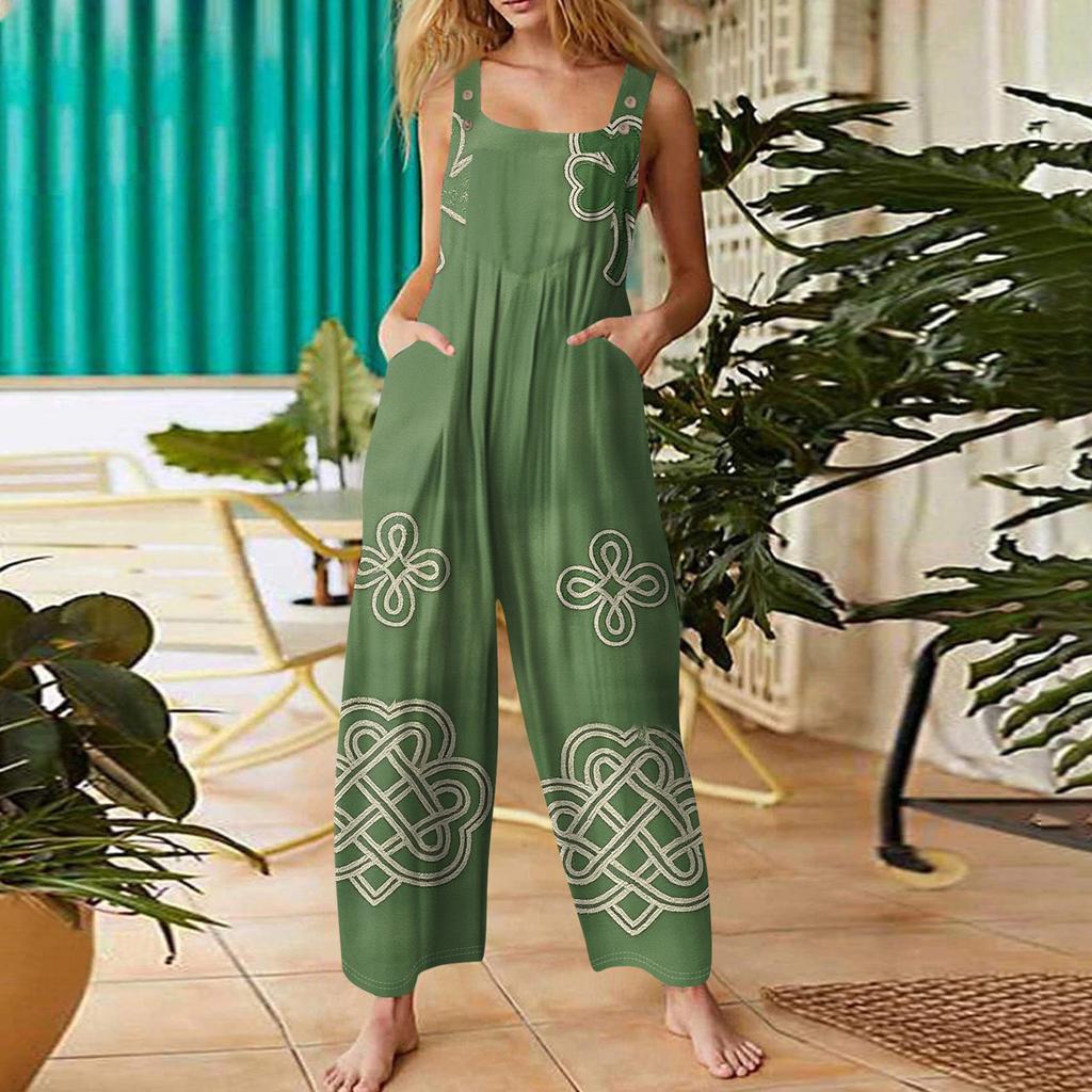 Womens Casual Overalls Jumpsuits Adjustable Straps Sleeveless Print Comfy Rompers With Pocket