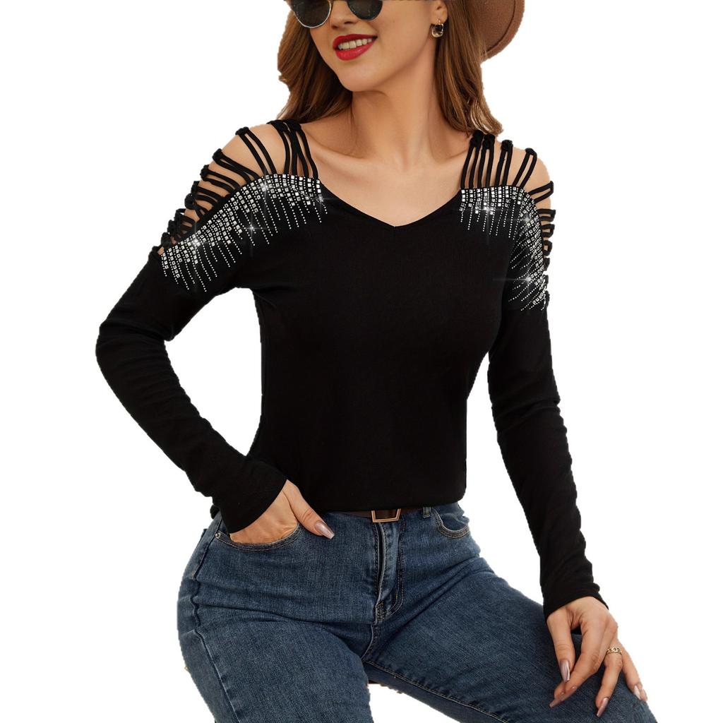 Trim Patchwork Heavy Duty Rhinestone V Neck Hollow Out Long Sleeve T Shirt Women's Top Fashion Daily Basic Casual Slim Fit Ladies Elegant Top