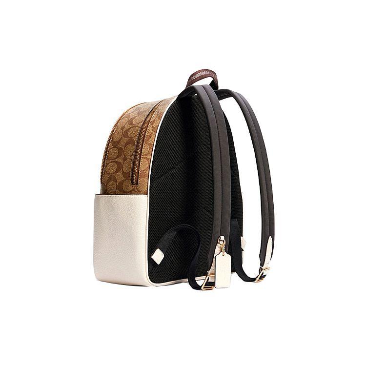 Coach Court 27 Color Block Monogram Print Zipper Canvas And Leather Backpack Medium Women backpack White Brown 5671-IMDJ8