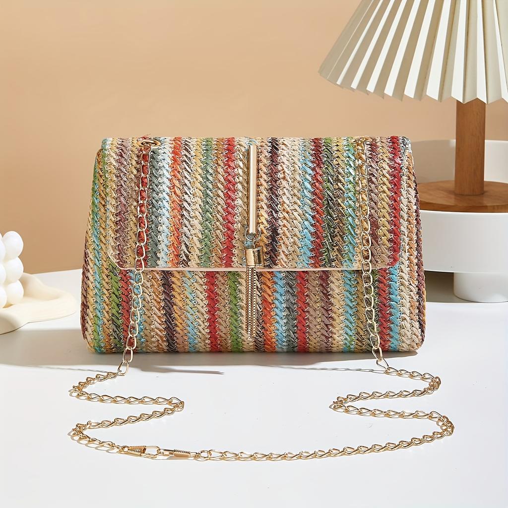Bunte gestreifte gewebte Umhängetasche für Damen, Elegante Handtasche mit abnehmbarem Riemen, Regenbogenstreifenmuster, Umhängetasche, Kleine Crossbody-Tasche