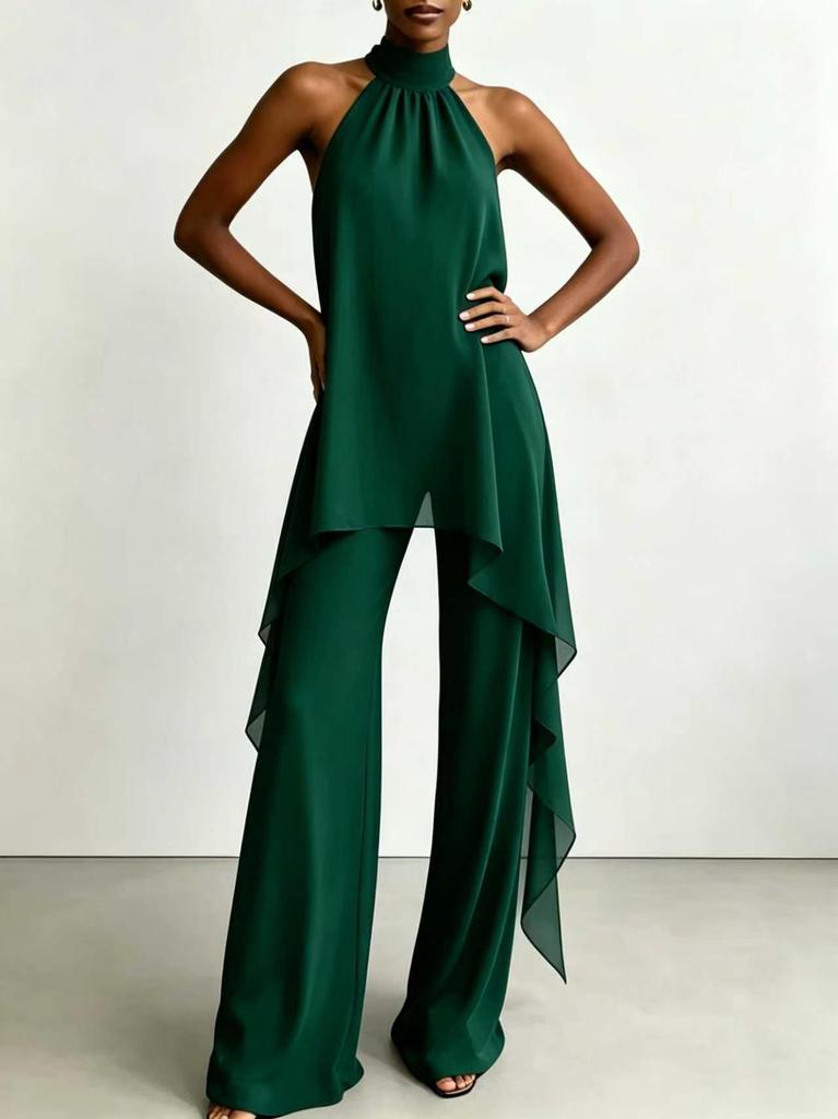 Cross-border special supply of European and American style neck off-the-shoulder chiffon top wide-leg pants set, temperament thin and drape two-piece 