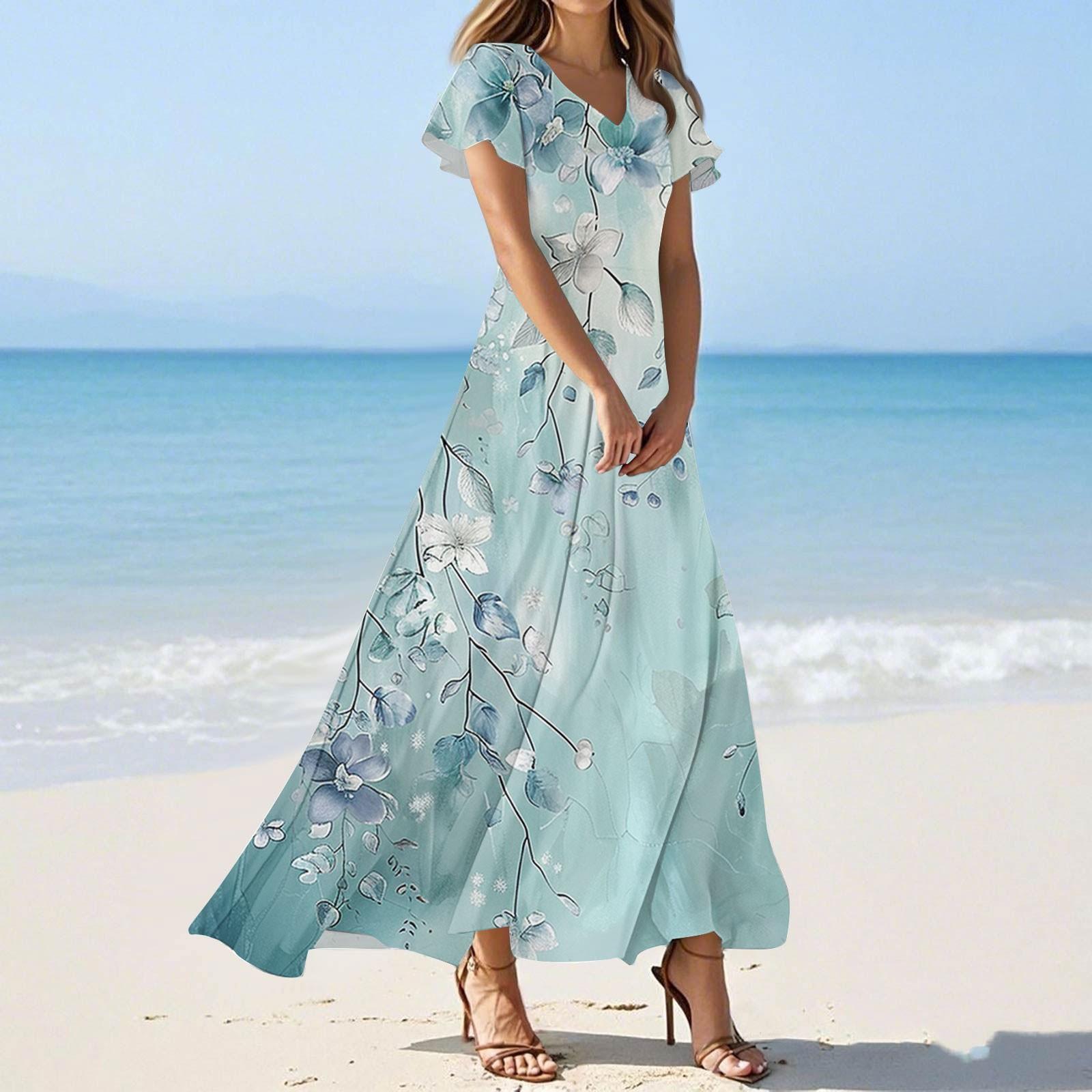 

Женское летнее повседневное модное платье с цветочным принтом и V-образным вырезом с коротким рукавом XL небесно-голубой