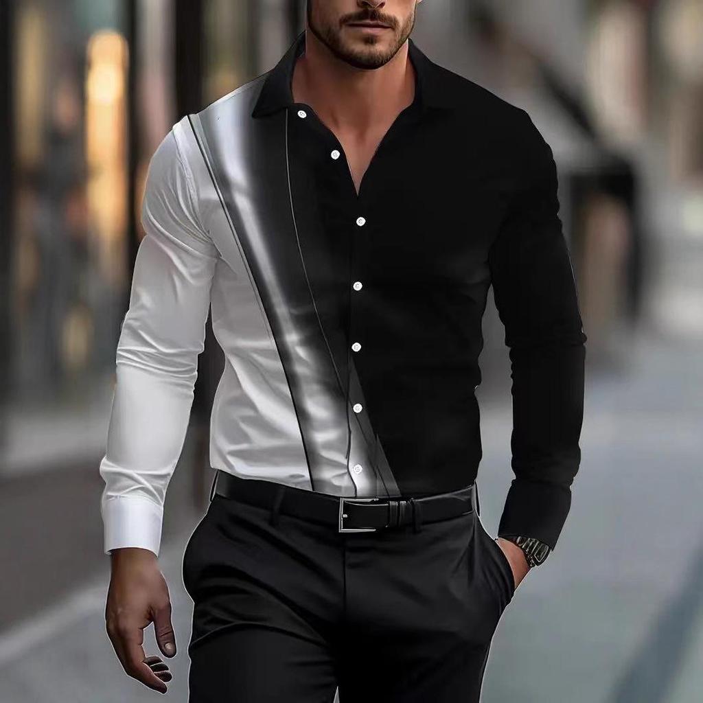 Men's Color Block Stretch Business Casual Long-Sleeved Shirt