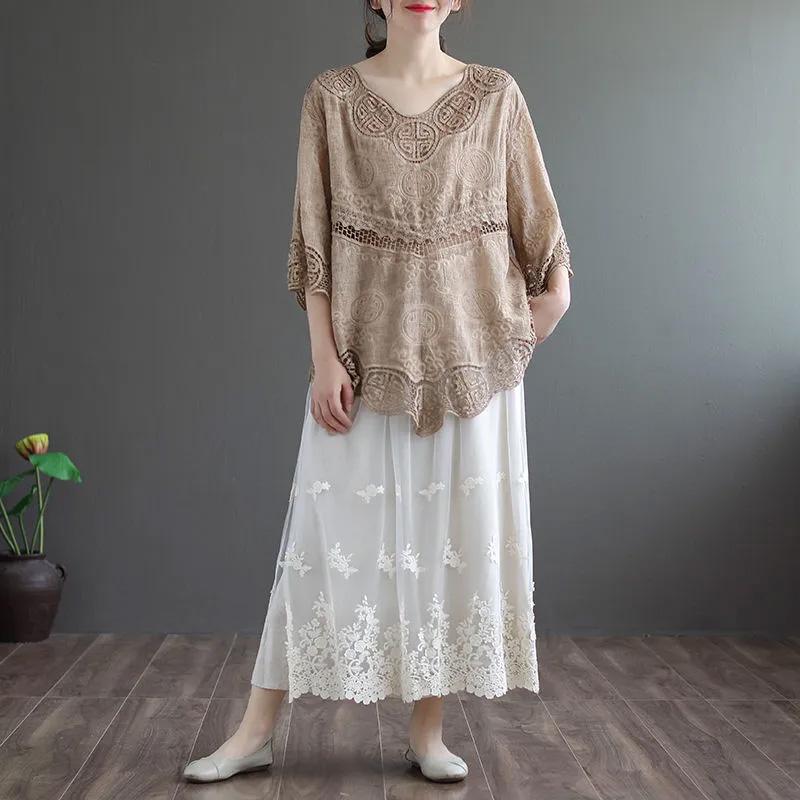 Shirt Tops Women Cotton Blouse Oversized Comfortable Embroidery Long Sleeve Hollow Shirt V-Neck Lace Shirt Tops
