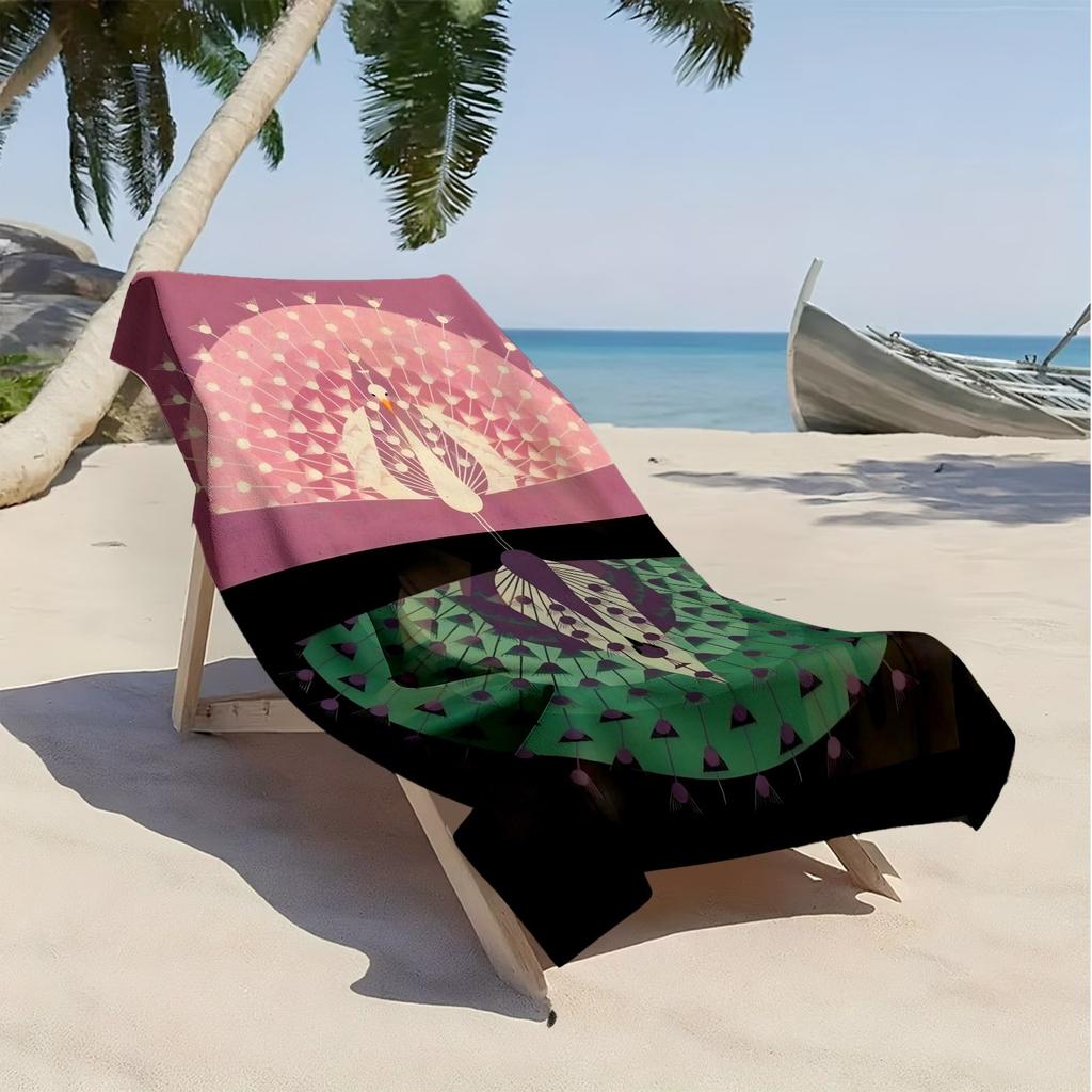 Pink and green peacock pattern polyester microfiber beach towel is highly absorbent, suitable for swimming and beach outings