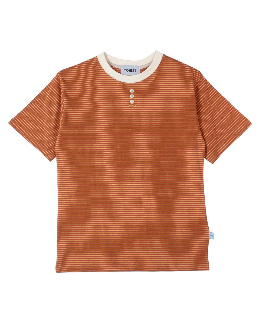 TOIEST Button Embroidered Striped Short Sleeve T-Shirt Brown