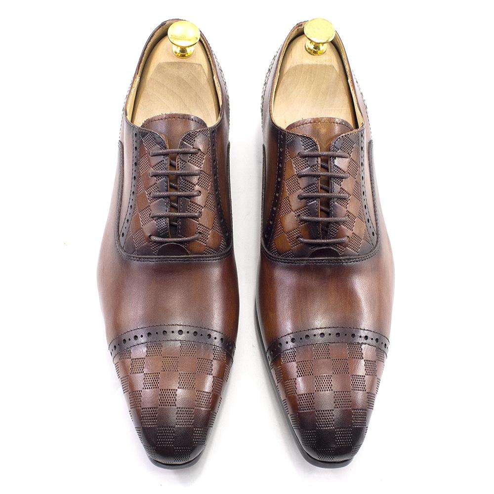 Fashion Classic Genuine Leather Mens Oxfords Business Office Brogue Dress Shoes Cap Toe Lace Up Italian Wedding Formal Footwear for Men