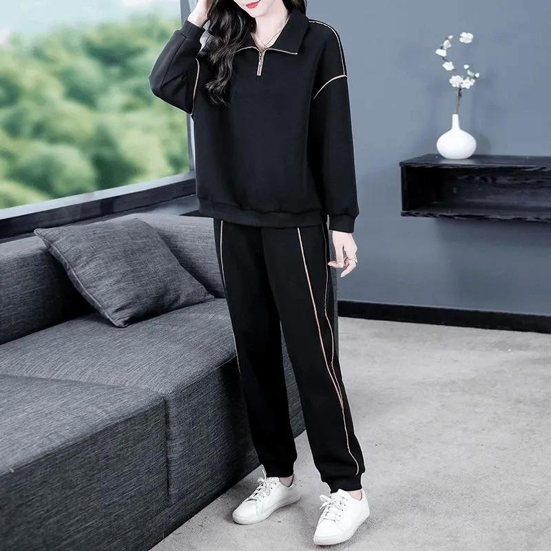 Women Suits Sets Cotton Large Size Pullover Sweatshirt Pants Long Sleeves Stretch Warm Two-piece Oversize 2PC Suit