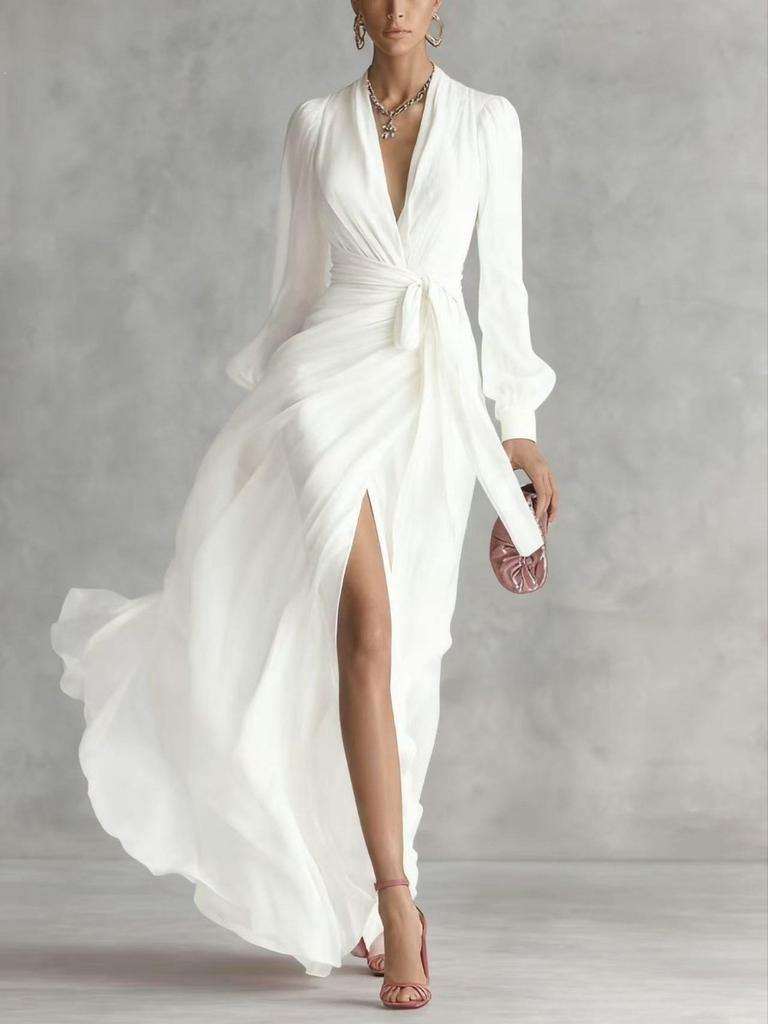 Europe, America 2026 spring and summer elegant V-neck waist chiffon dress cardigan slim dress