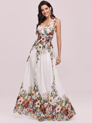 Ever-Pretty Women's Floral Printed Chiffon Double V-Neck Semi-Formal Summer Long Evening Dresses