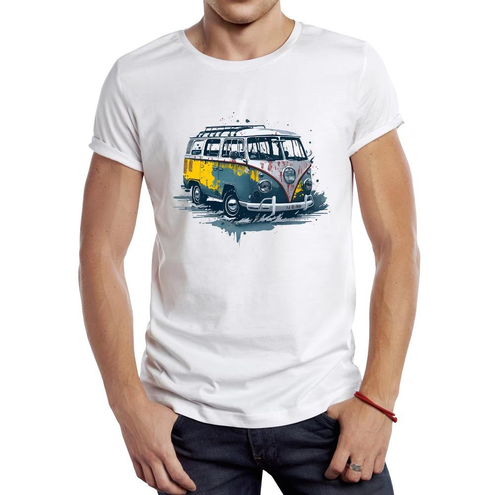 Retro Painted Bus Men and Women Pure Cotton T-shirt Graphic Camping Bus Sports Cloth Retro Classic Car Hipster T-shirt