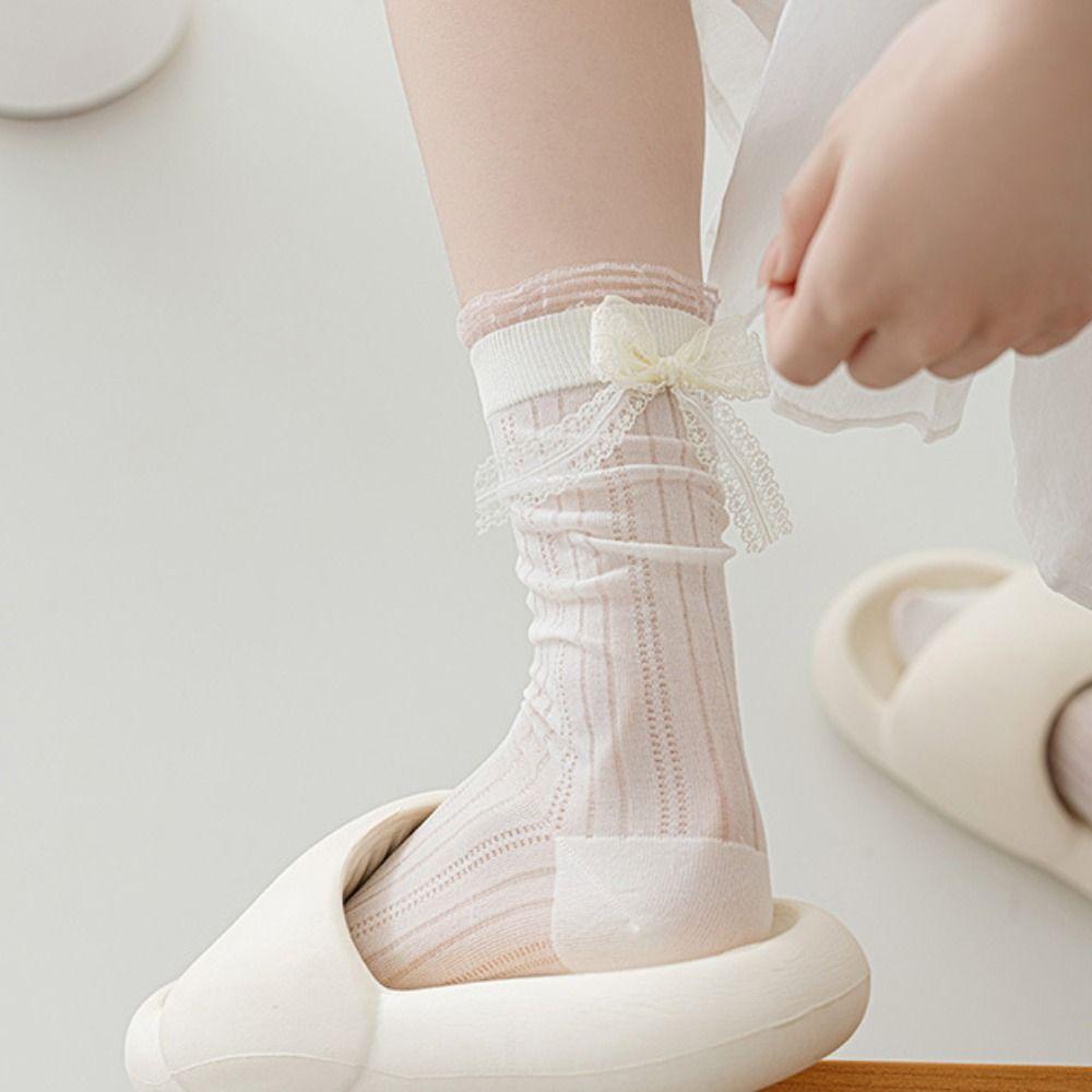 3Pairs Ballet Style Mesh Bowknot Socks Breathable Sweet Socks Women Mid Tube Socks  Streetwear