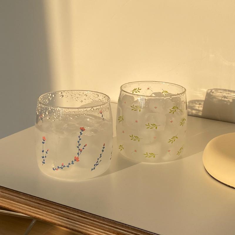 Busy Homemade, Summer Small Floral Glass Niche Retro Flower Juice Drink Glass Water Cup Cold Drink