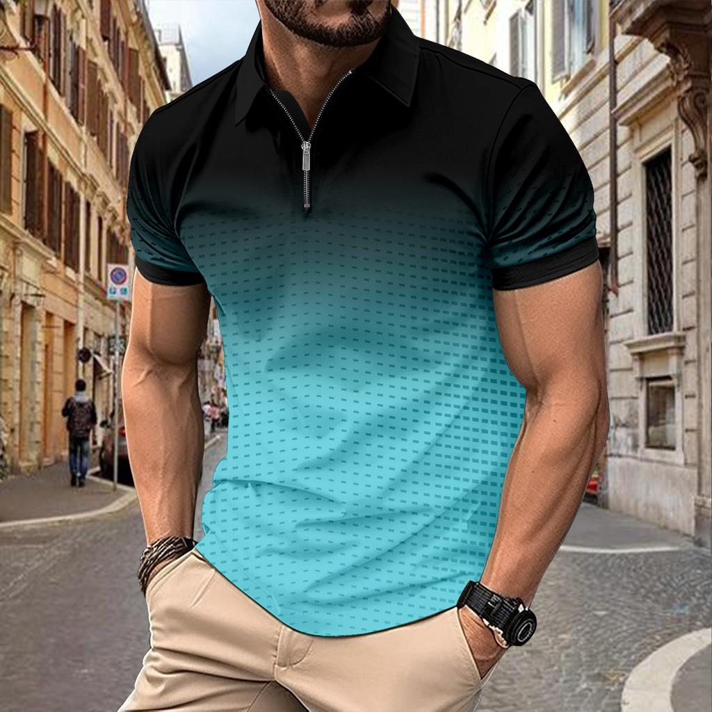 Trendy gradient short-sleeve zip polo, casual men's top.