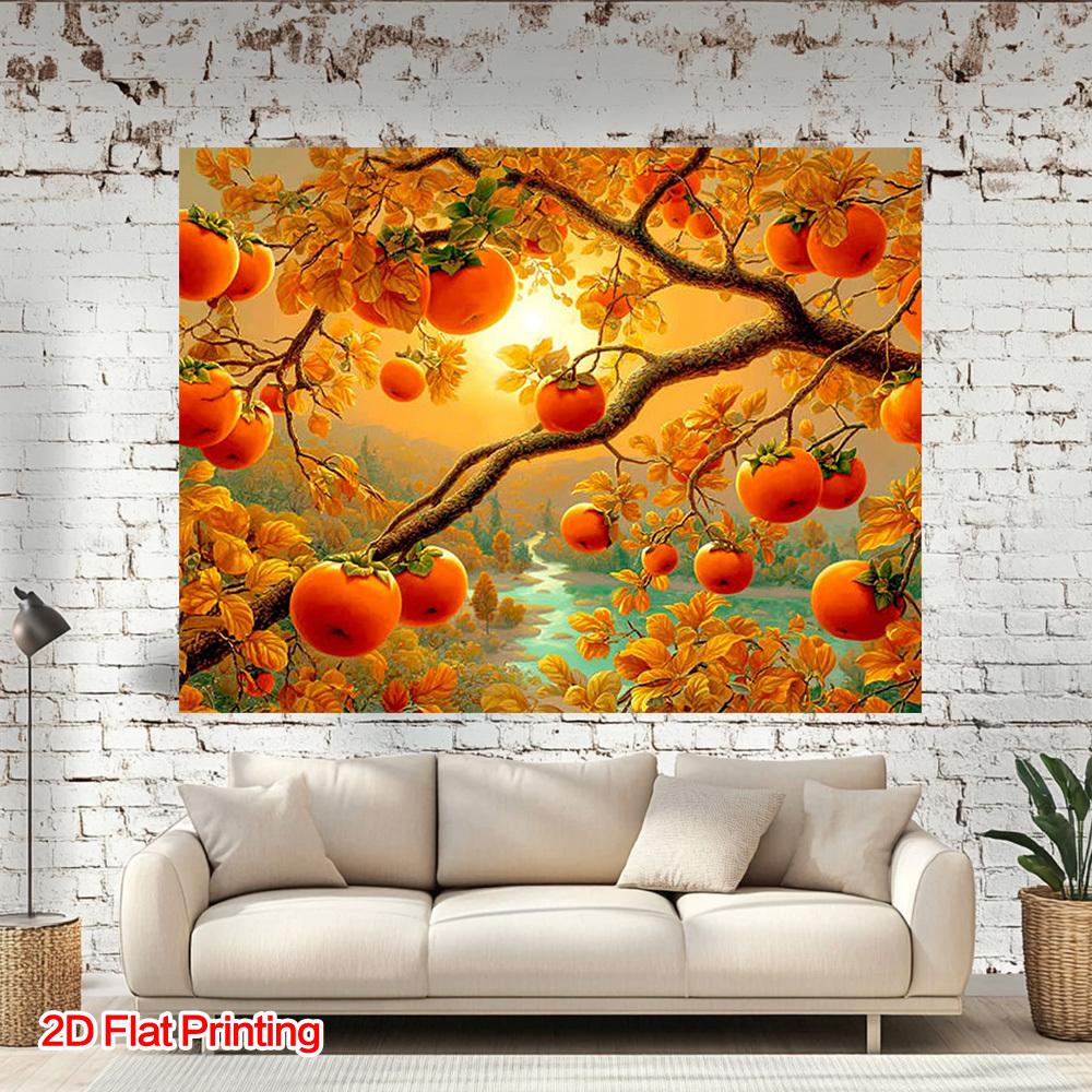1 Piece of 2D Flat Persimmon Tree and Autumn Leaves Background Fabric Made of Polyester Suitable for Home Garden and Studio.