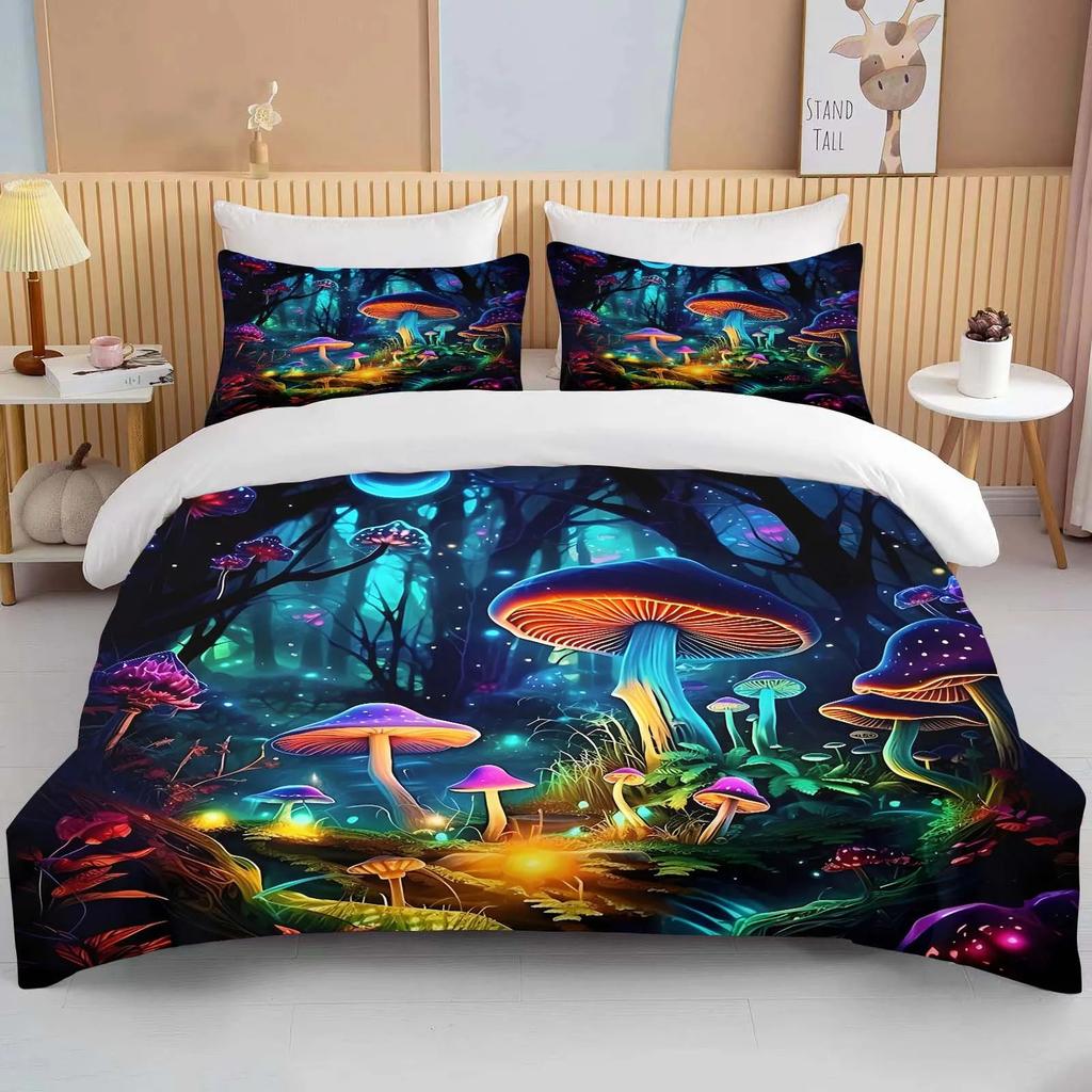 Super Vibrant Neon Psychedelic Mushrooms Print Bedding Set 1 Duvet Cover 1/2 Pillowcases Adult and Children Bedding Set Luxury