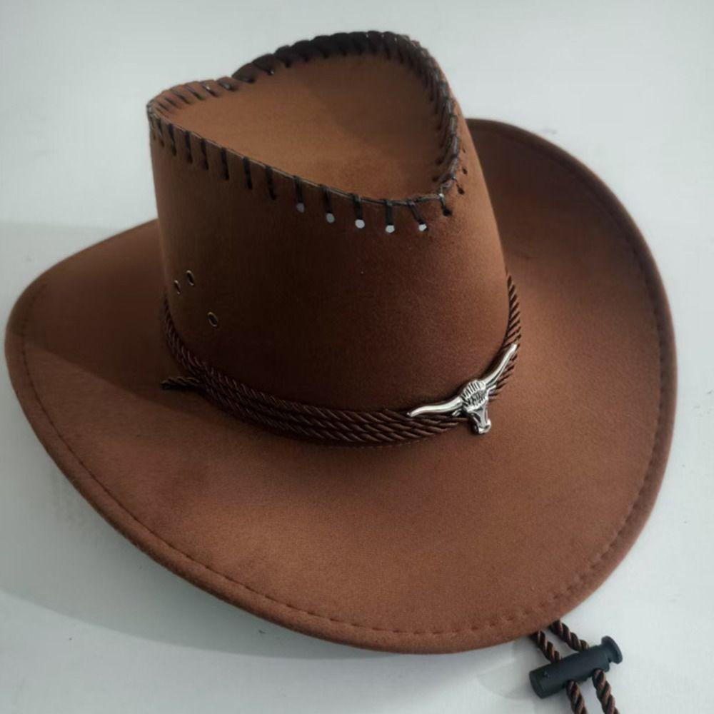 Neuer Wildleder Western Cowboyhut Tibetischer Stil Filz Rollkrempe Cowgirl Kappe Gebogene Krempe Weicher Zylinder Outdoor Reiten