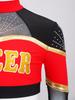 Bambina Ragazza Costume da Cheerleader 2 Pezzi Costume da Esibizione Manica Lunga Patchwork in Rete Trasparente Strass Color Block Crop Top con Gonna Pieghettata