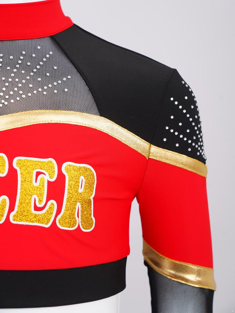 Bambina Ragazza Costume da Cheerleader 2 Pezzi Costume da Esibizione Manica Lunga Patchwork in Rete Trasparente Strass Color Block Crop Top con Gonna Pieghettata