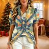 Women's Casual Blouse with V-Neck, Short Sleeve, Christmas Print, Ruffle Trim and Button Front