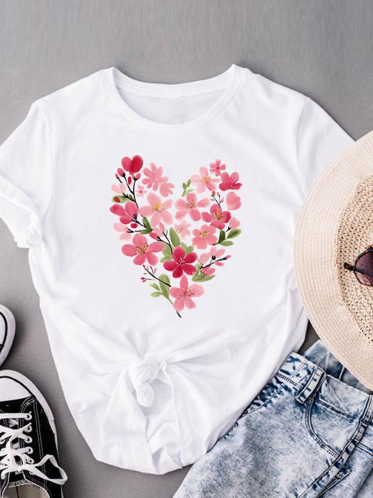 (Asian Size) sweet flower trend cute Women's Clothing Print Short Sleeve T-shirts Fashion Female Casual Top T O-neck Graphic Tee