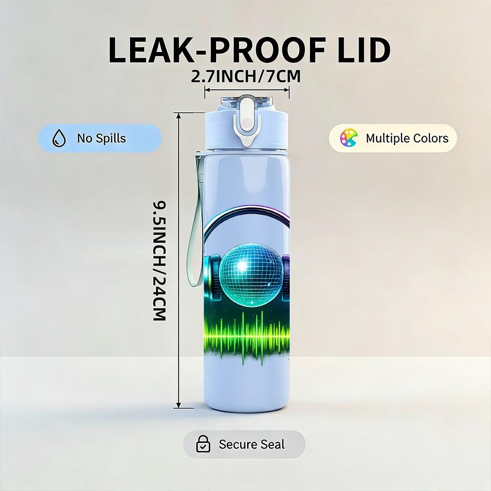 1PC Headphone Music Wave Sound Print 750ml Color Plastic Sports Water Bottle Leakproof Flip Straw Lid Suitable for Sports Office Home Use