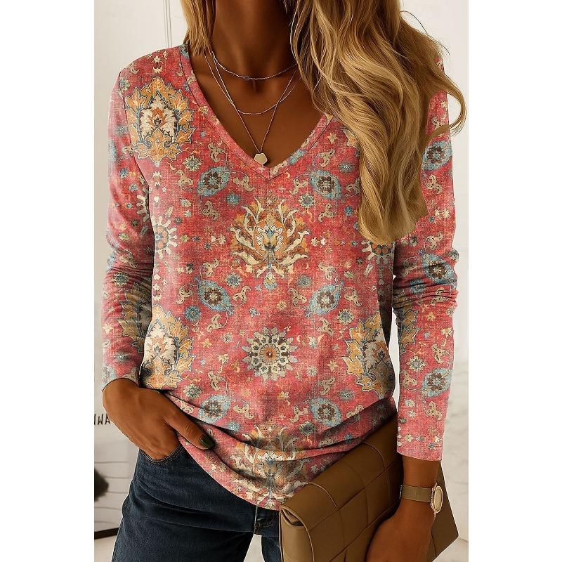 Vintage Women's T-Shirt Graphic Paisley Elegant Fashion Tee Long Sleeve T-shirts V-Neck Regular Tops Pullover Fall Winter