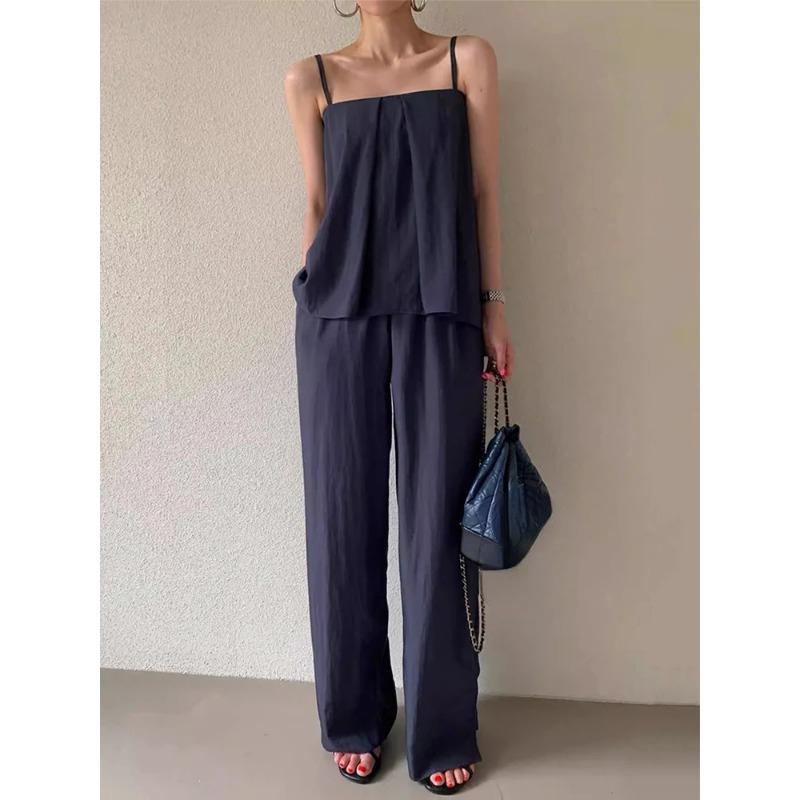Été Élégant Solide Sexy Plissé Deux Pièces Ensembles Femmes Volants Sans Manches Hauts + Pantalon Large Femme Patchwork Rétro Décontracté Fête Plage Costumes
