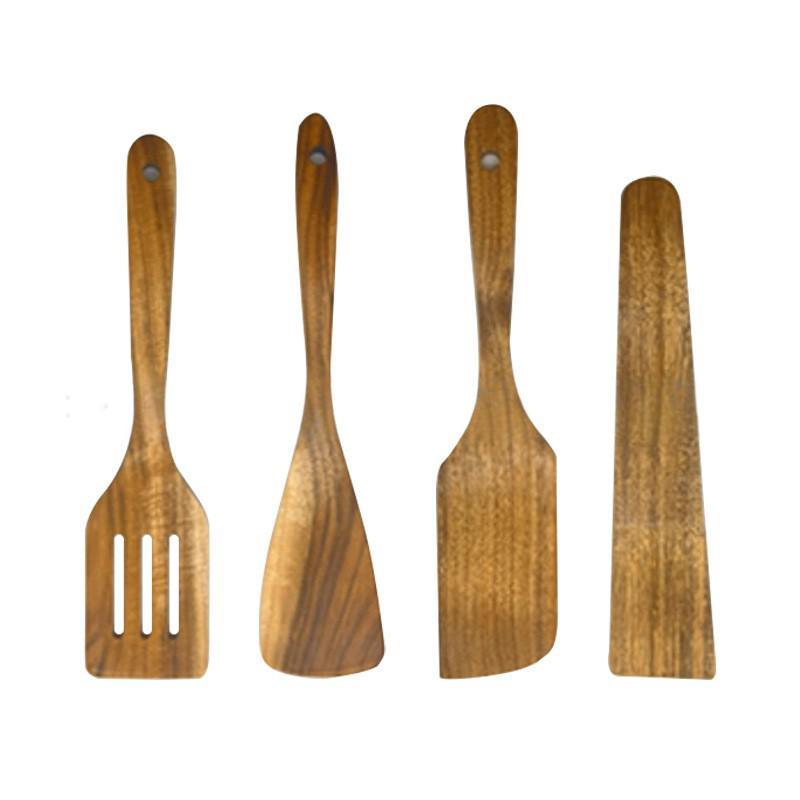 Teak Non-Stick Long-Handle Solid Wood Pan and Acacia Wood Kitchenware Set