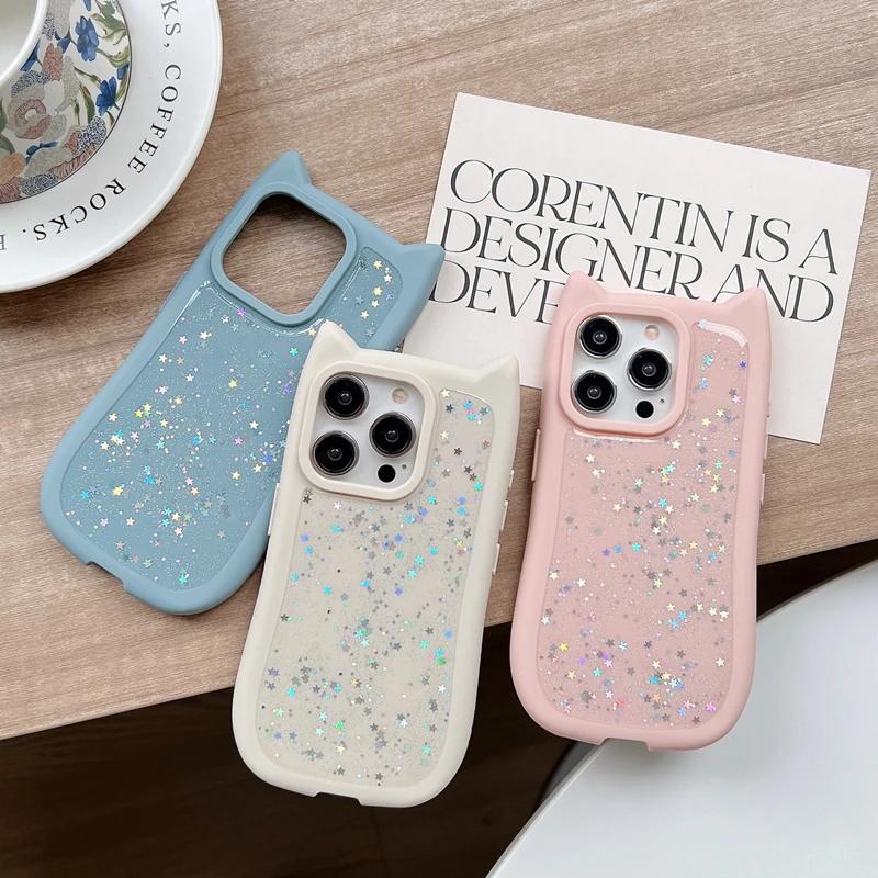 Girl Glitter Soft Silicone Cute Cat Ear Phone Case for iPhone 11 12 13 14 15 Pro Max Shockproof Hard Acrylic Bumper Back Cover