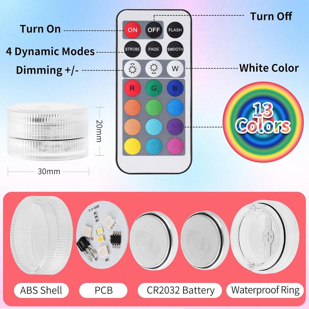 Podwodne światła LED z pilotem, 6 mini świateł RGBW do basenu, wodoodporne podgrzewacze do oczek wodnych, światła podwodne, odpowiednie do wazonów