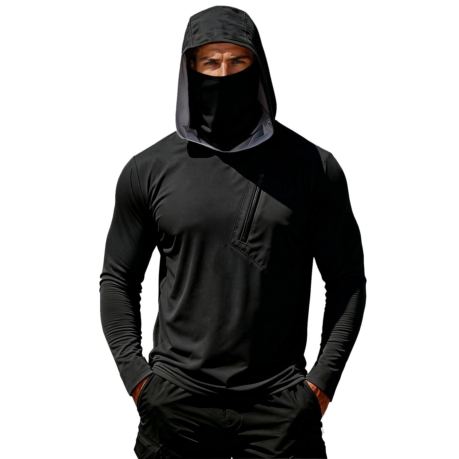 

Men s Long Sleeve Hooded Shirt with Built-In Face Covering Zipper Pocket Lightweight Pullover Top for Outdoor Activities M чёрный
