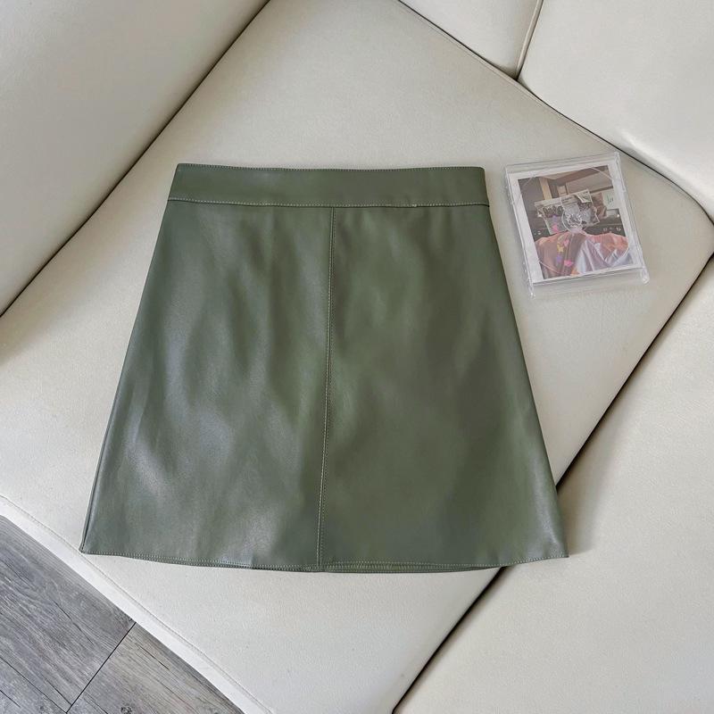 

Autumn-Winter Green PU Leather High Waist Slimming A-line Bodycon Midi Skirt for Women Medium