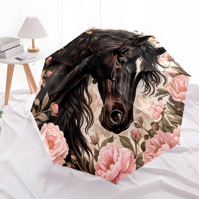 Horse Floral Themed, Eight Ribbed, Self Folding Umbrella Is Suitable for Everyday Outdoor Use and Is An Ideal Gift for Friends and Family, A