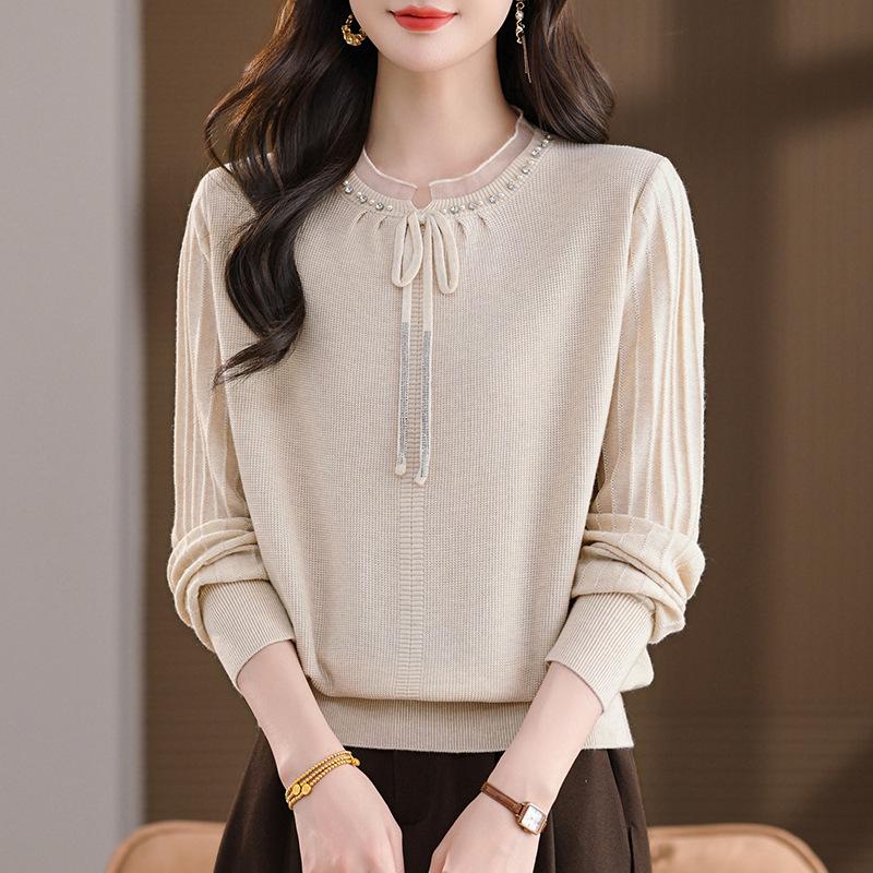 

Chic Chiffon-Spliced Knit Top: Versatile Autumn Style for Women, Perfect for Middle-Aged and Elderly. 2XL (120-135 lbs) бежевый