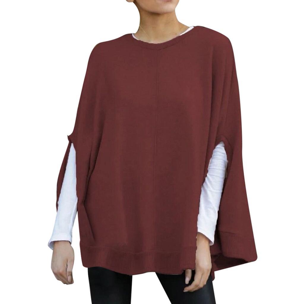 Women Fashion Solid Color Print Loose Hooded  Sleeve Splitter Long Sleeve Top