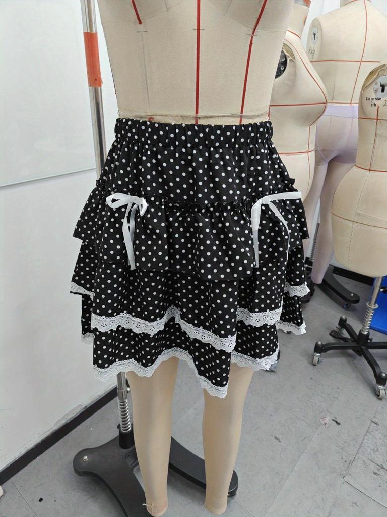Sweetheart Patchwork Lace Trim Polka Dot Layered A-line Skirt