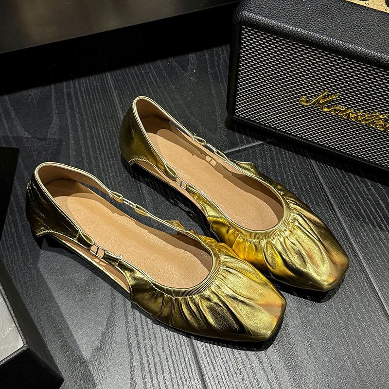 Shallow mouth niche ladyshoes women's 2025 new pleated square head single shoes women's summer wear versatile flat-soled grandma shoes women