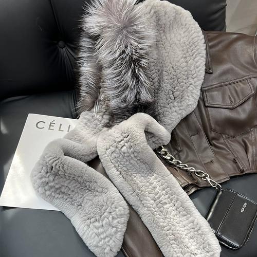 New Rex Rabbit Hair Hat Scarf Integrated Snow Cap Women's Winter Fox Fur Warm Versatile Hooded Scarf