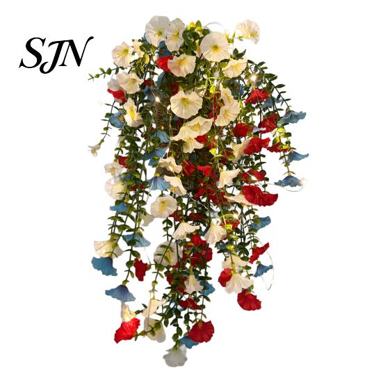 Fade Resistant Decor Patriotic Hanging Basket, Red White Blue Artificial Flowers for America's Flower Basket 250th Anniversary, UV Outdoor Indoor