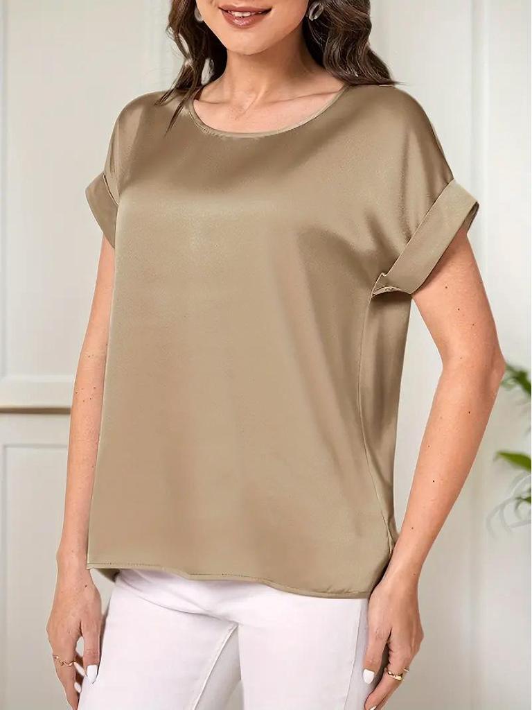2025 Women's Summer Glossy Solid Color Short Sleeve Loose T-shirt