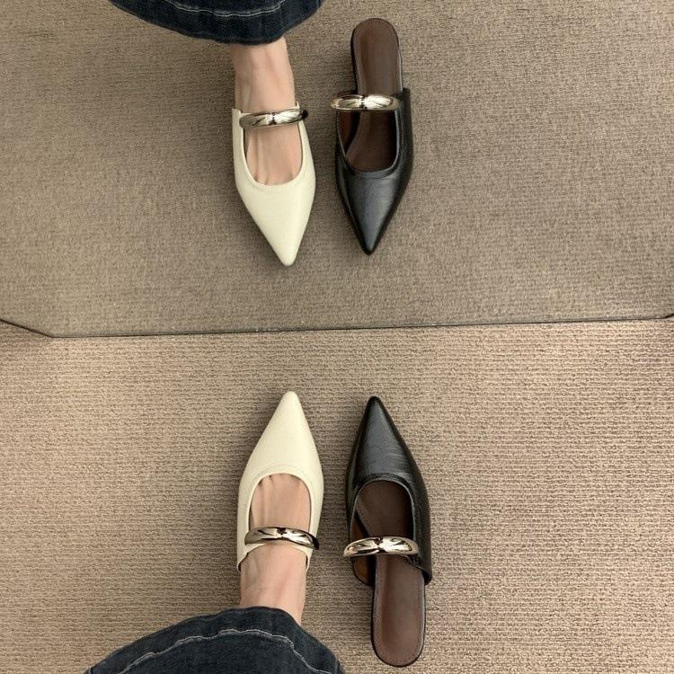 pointed toe bag head half slippers women's spring and autumn new small slope heel single shoes one pedal low heel flat shoes cool slippers