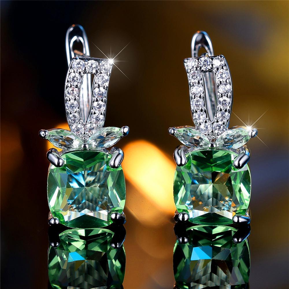 Cute Female Apple Green Zircon Stone Square Hoop Earrings Female Silver Color Wedding Jewelry For Women